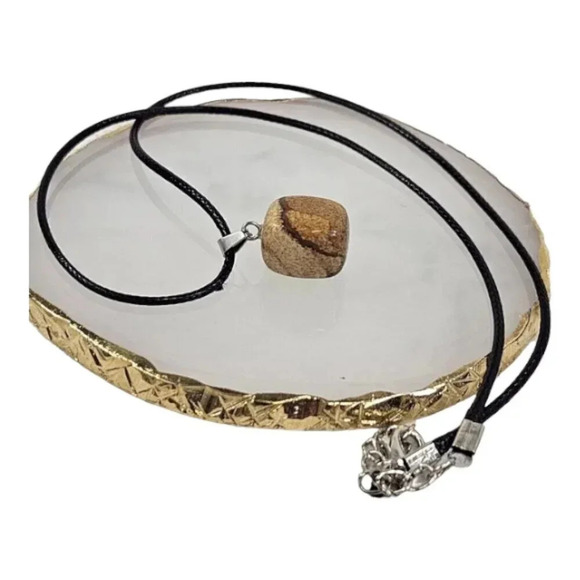 Picture Stone Natural Stone Cube Necklace with 18in Black Chain SN14 - Picture 1 of 4